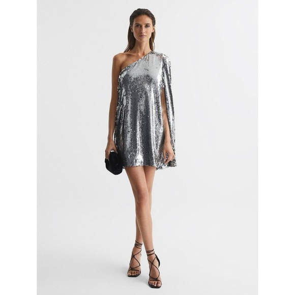 REISS EVA SEQUIN CAPE ONE SHOULDER MINI DRESS NWT SILVER METALLIC SIZE US 10 - Picture 1 of 6